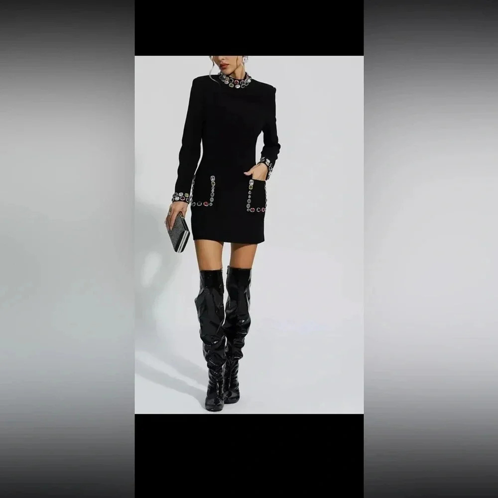 Solid Patchwork Diamonds Temperament Dress For Women Round Neck Long Sleeve